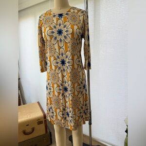 Tory Burch Mustard and Navy Floral Long Sleeve Dress
